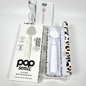 Pop Sonic Clover Facial Cleansing Device White w/ Snow Leopard Case NEW BoxDmge
